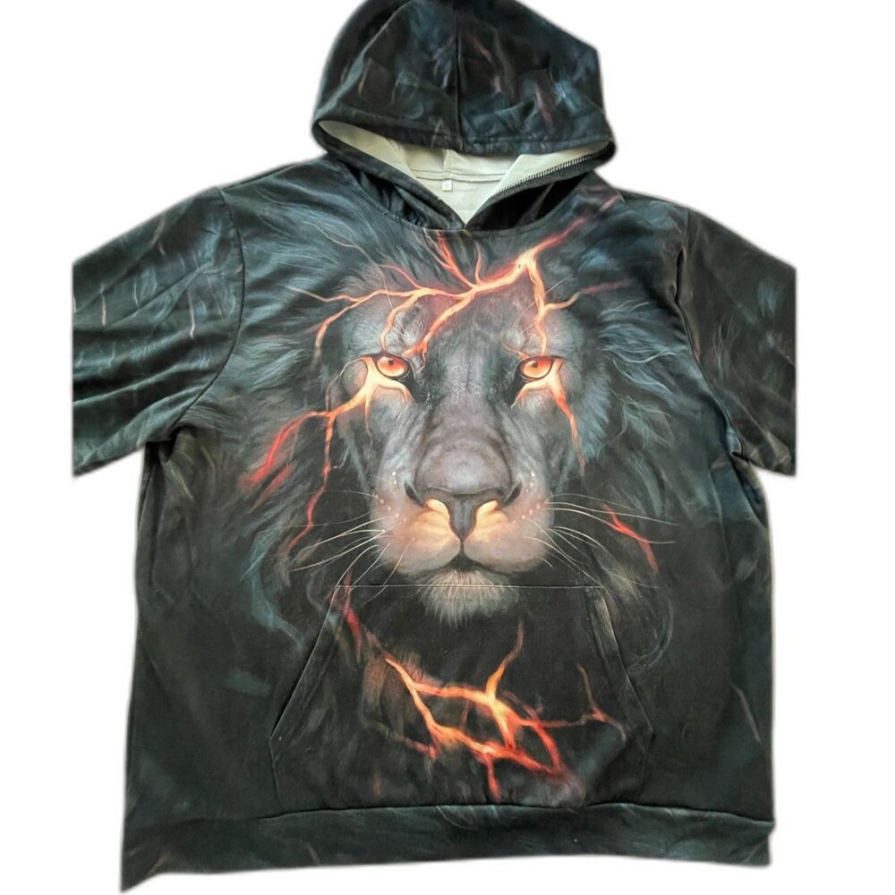 Vintage Y2K Men's Lion & Lightning Black Front & Back Graphic Hoodie Top XL